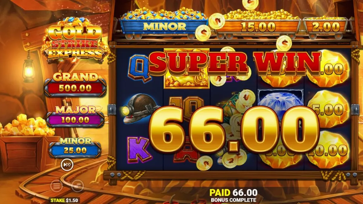 Tampilan visual slot Gold Strike Express dengan rel kereta di atas gulungan